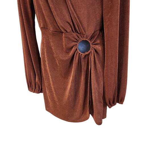 Princess Polly Long Sleeve Collared Mini Dress Side Ring Detail Brown Size US 4 - Picture 5 of 9